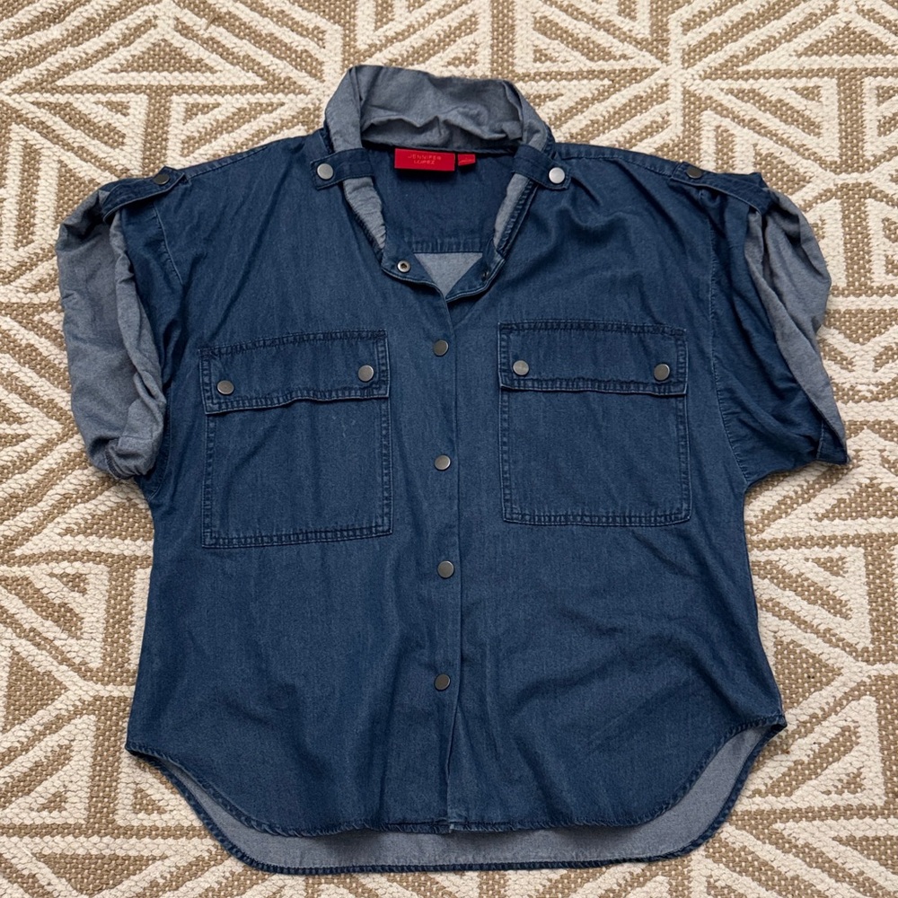 Jennifer Lopez Dark Blue Short-Sleeve Button-Front Utility Shirt